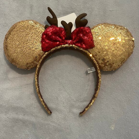 Disney Gold Red Sequin Reindeer Mickey Mouse Ears Christmas Holiday Neon Tuesday - Picture 1 of 6